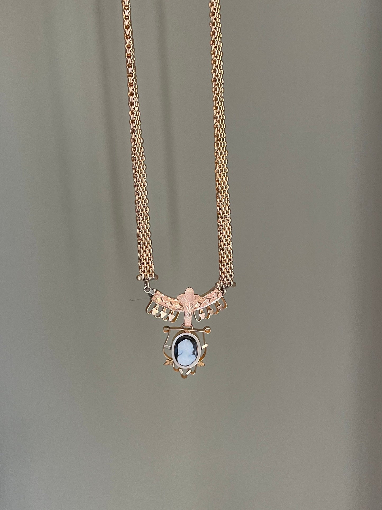 c1880 Victorian Rose Gold Filled Necklace with Sardonyx Carved Cameo