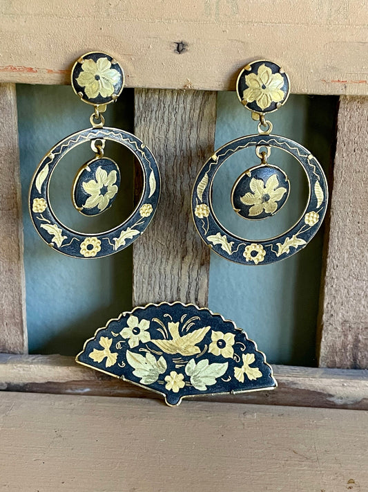 Vintage Damascene Style Fan Brooch with Dangle Earrings