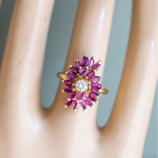 c1990 14K Yellow Gold Natural Ruby and Diamond Spray Ring