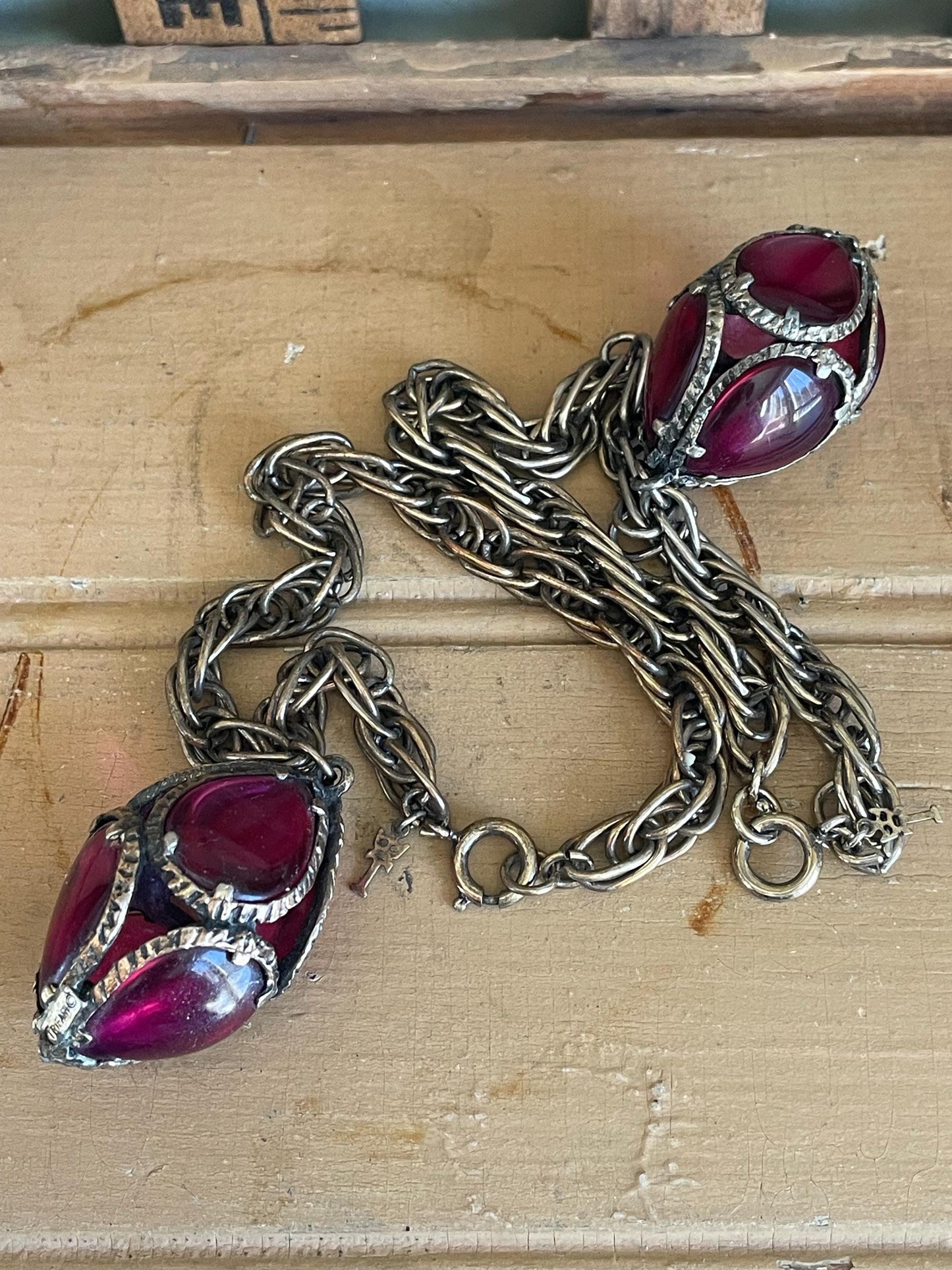 Vintage Trifari Cranberry Glass Dangle Bracelets, Renaissance Collection