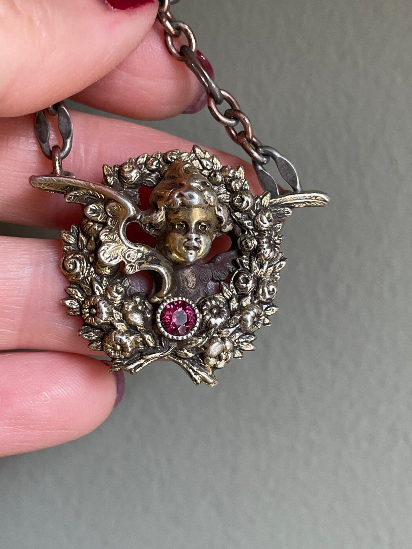Antique Kerr Angel Cupid Pendant with Simulant Ruby