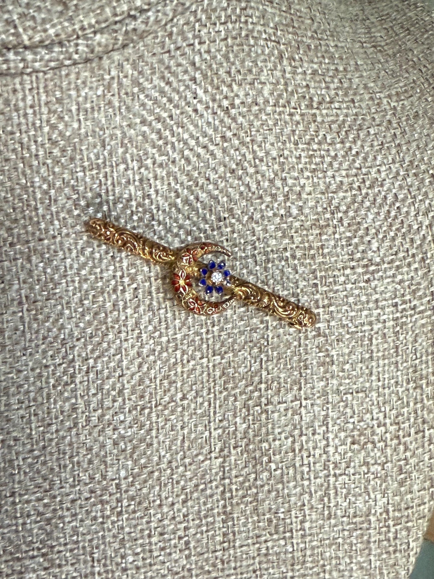 c1900 Edwardian 9-10K Gold Edwardian Cresecent Moon set with Diamond Brooch