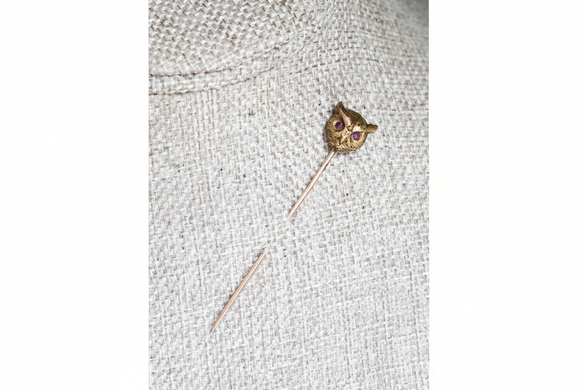 Antique Victorian 9- 10K Owl Stickpin with Bohemian Cut Garnet Eyes
