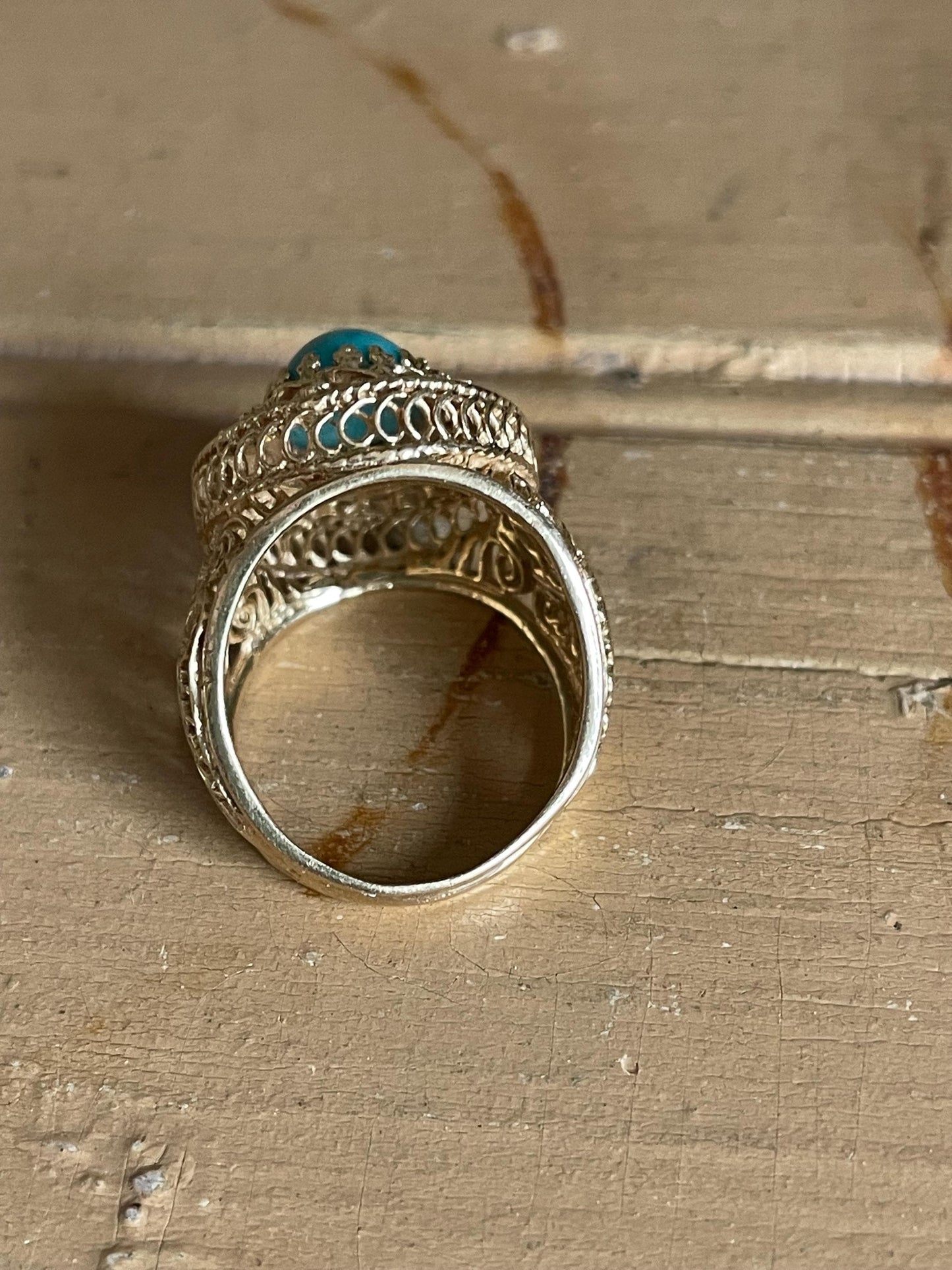 14K Yellow Gold Large Filigree Imitation Turquoise Ring