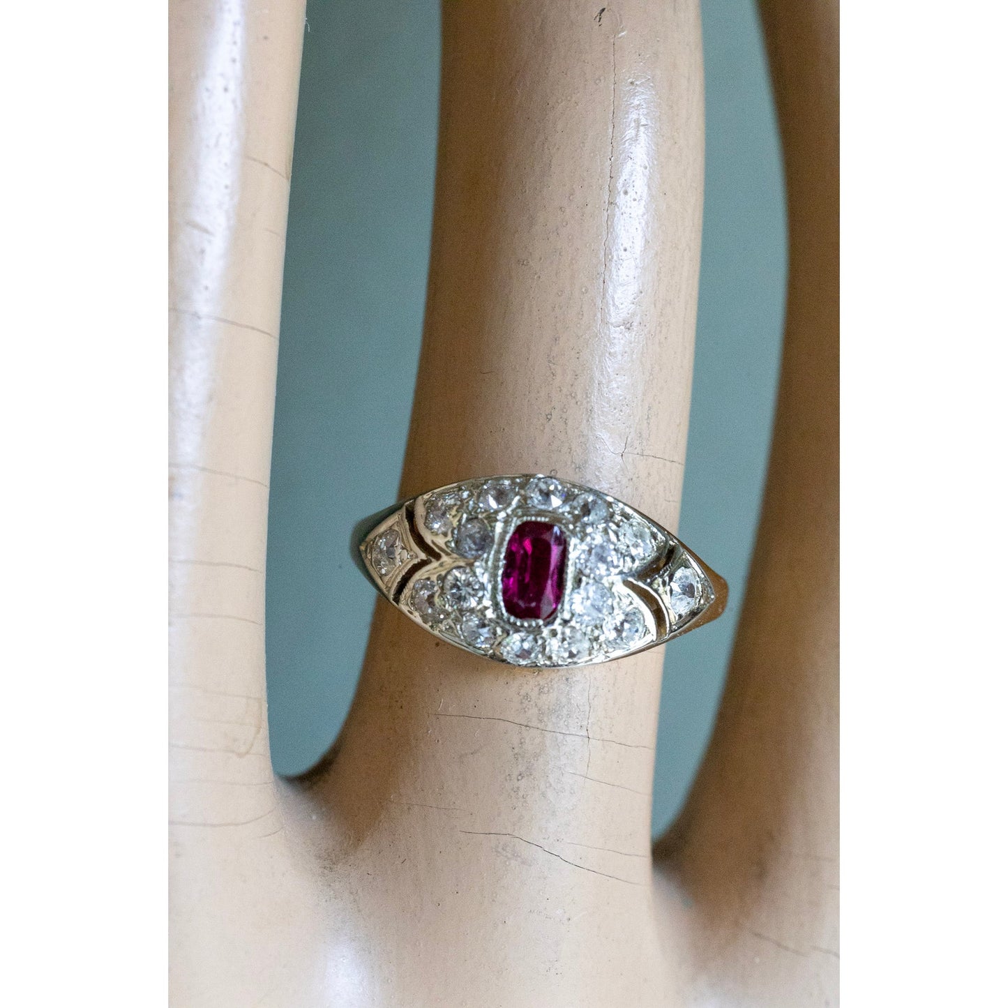 Antique 18K Gold Old Mine Old European Cut Diamonds and Ruby Ring