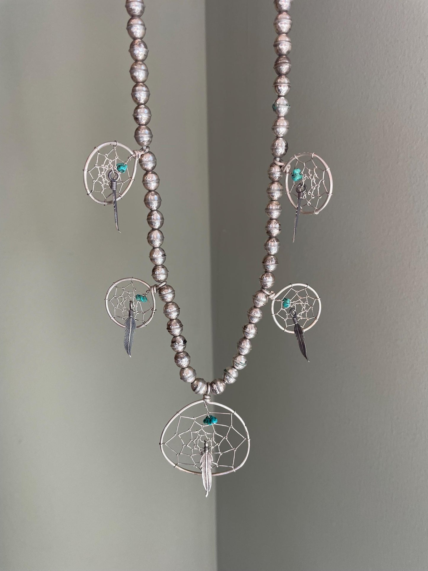A Vintage Navajo Sterling Silver Handmade Dream Catcher Turquoise Nugget Necklace