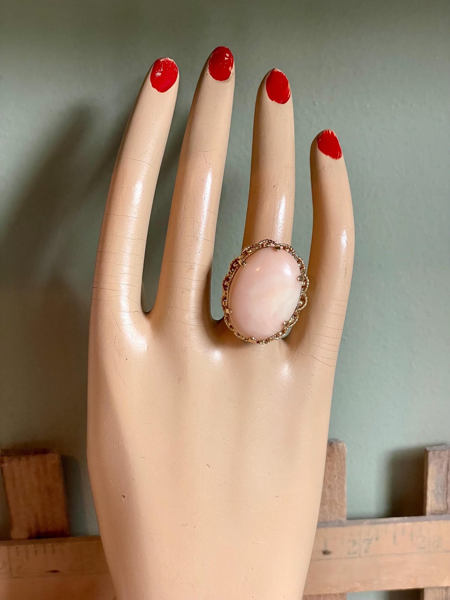 1960's Angel Skin Coral 14K Yellow Gold Cocktail Ring