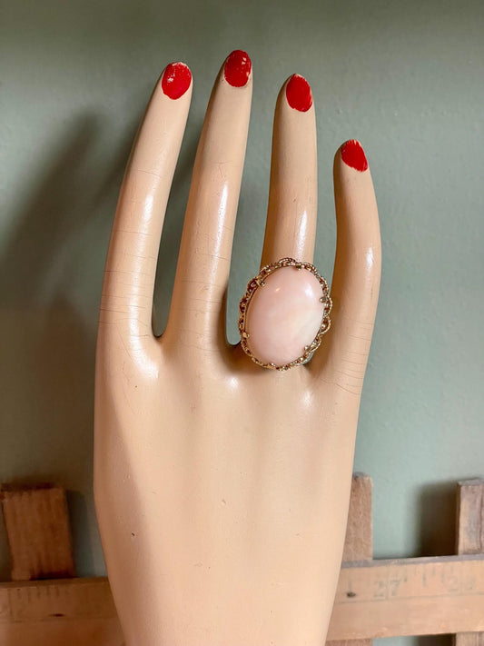1960's Angel Skin Coral 14K Yellow Gold Cocktail Ring