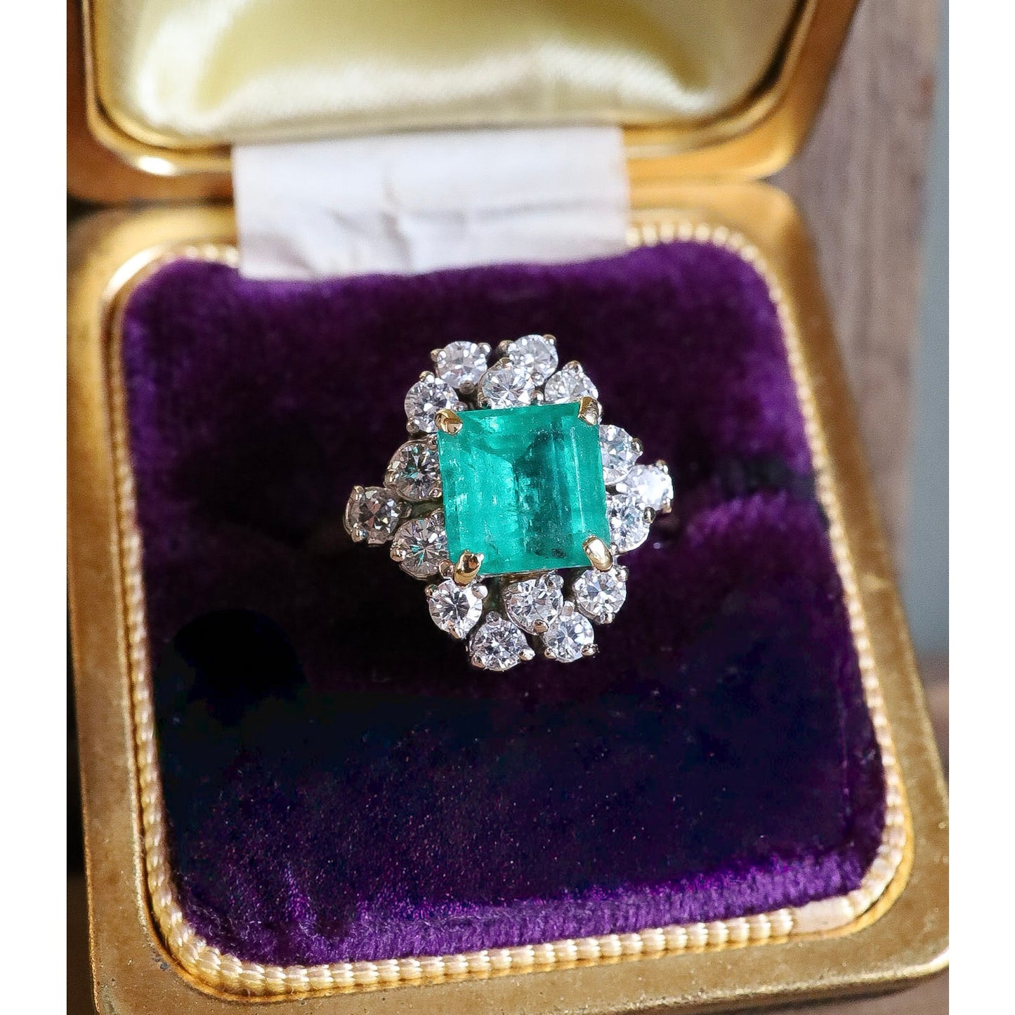 Vintage 18K Yellow Gold Custom Designed Natural Emerald and Diamond Ring