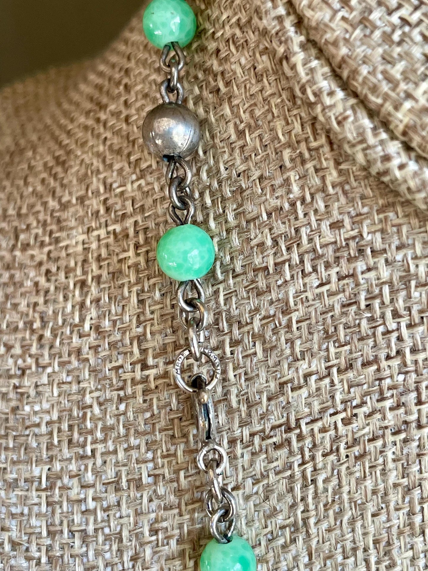 1920-1930 Made in Germany Peking Green Glass Flapper Dangle Necklace