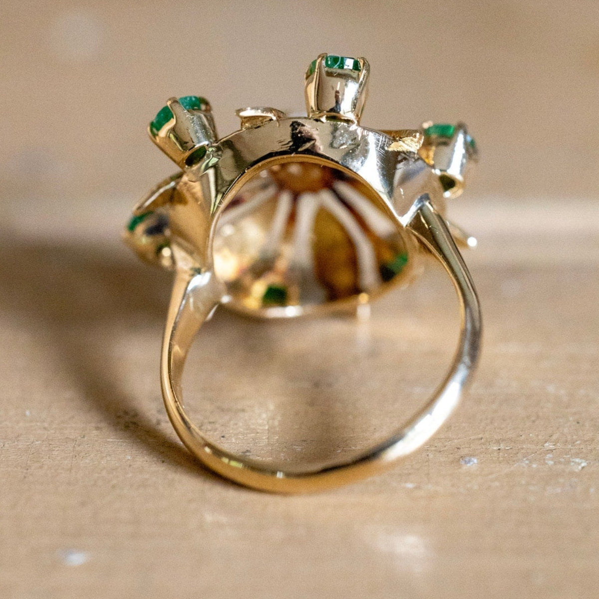 c1960 Vintage 18K Yellow Gold Natural Emerald and Diamond Pinwheel Cocktail Ring