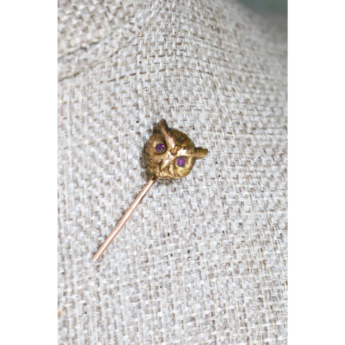 Antique Victorian 9- 10K Owl Stickpin with Bohemian Cut Garnet Eyes
