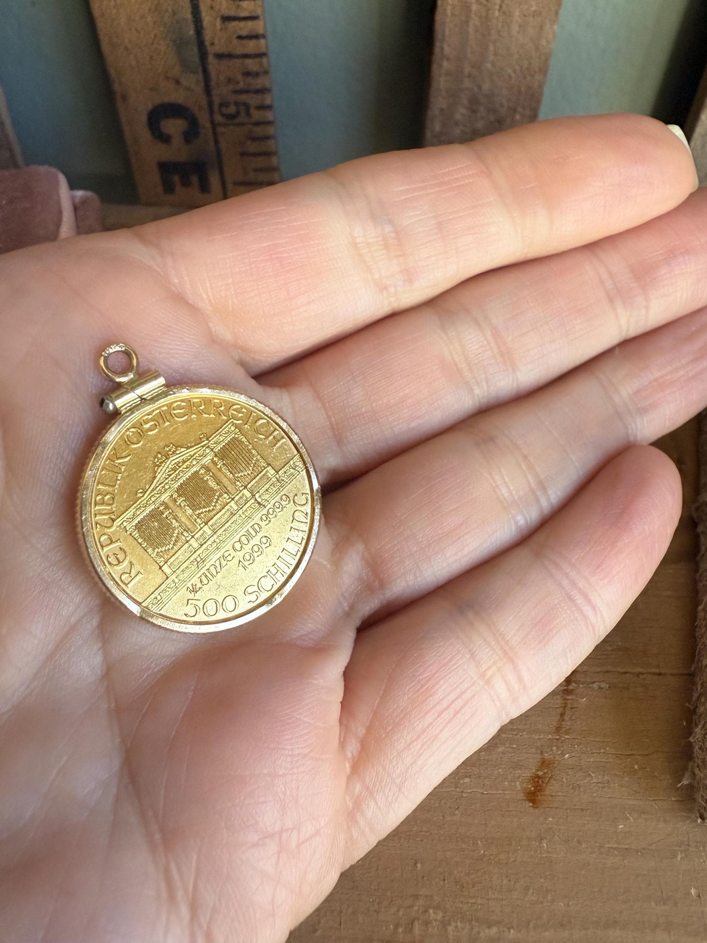 1999 1/4oz Austrian Gold Philharmonic Coin in 14K Yellow Gold Pendant