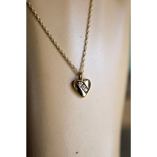 A Vintage 14K Heart Pendant Set with Diamonds on a 14K Yellow Chain