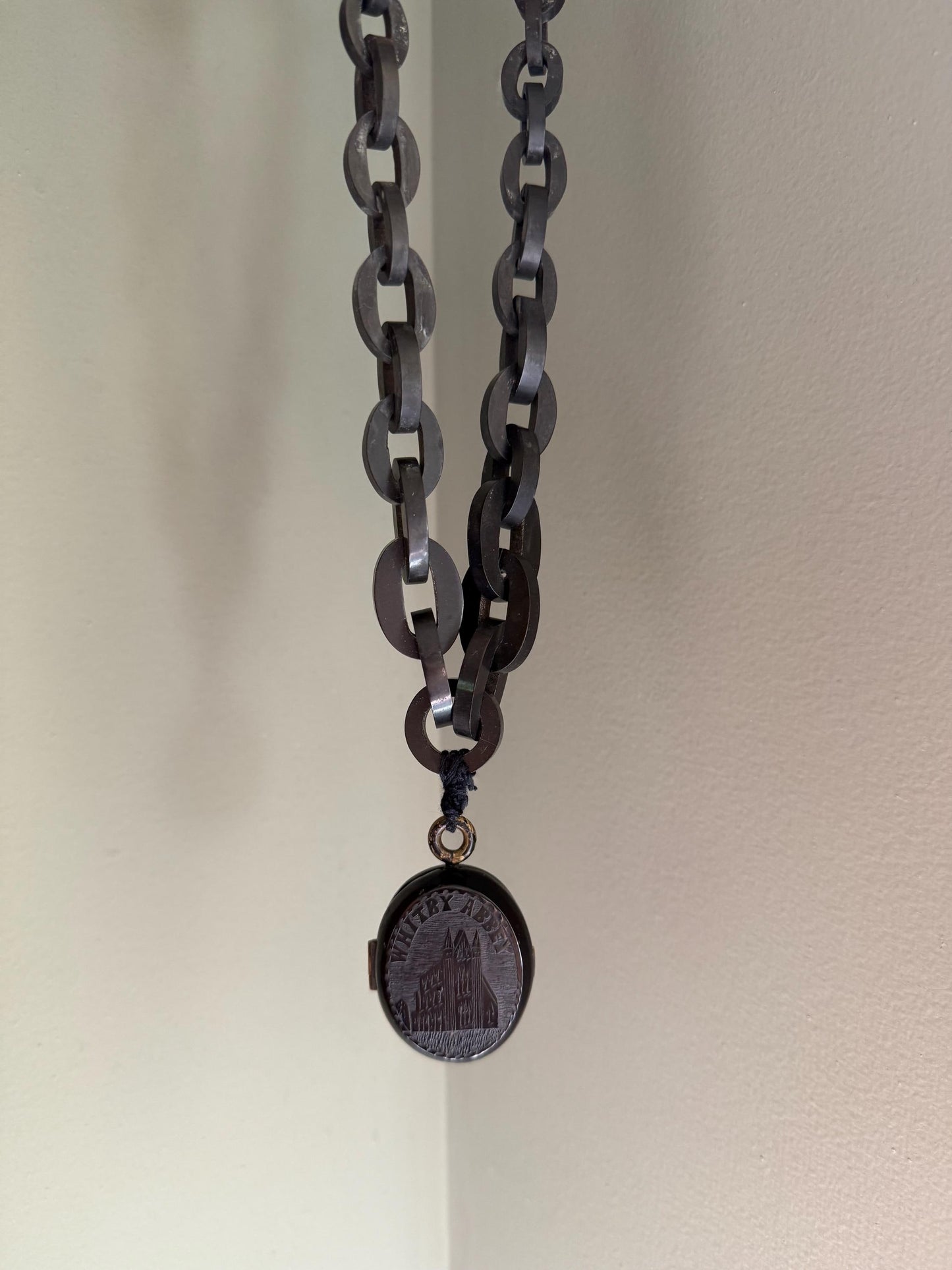 Antique Victorian Hand Carved Whitby Jet Huge Locket on Chain