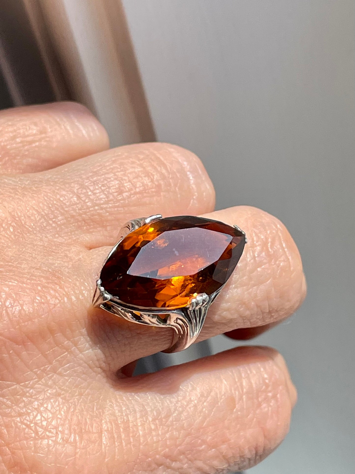 1920-1930 Art Deco Sterling Silver Glass Marquis Citrine Color Glass Ring