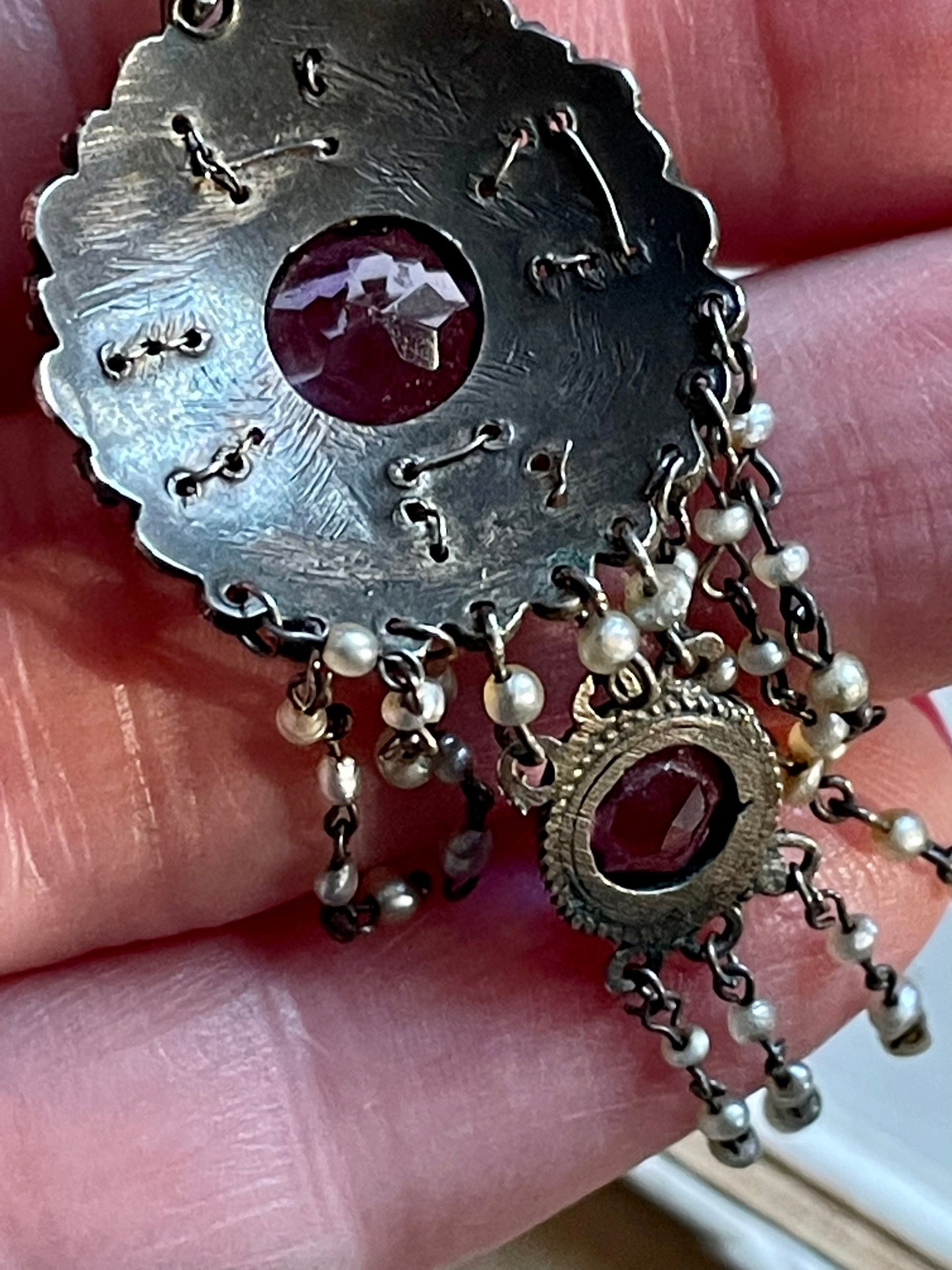 Late Victorian / Art Nouveau Amethyst and Seed Pearl Dangle Pendant