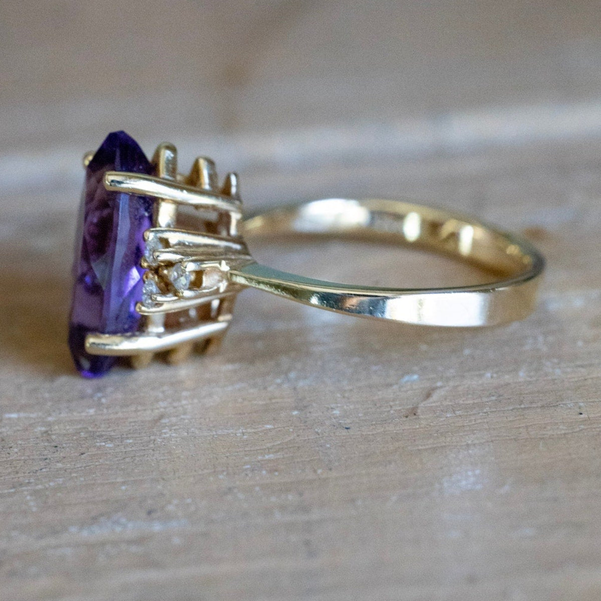 c1980 14K Yellow Gold Ring with Marquis Cut Amethyst and Diamonds