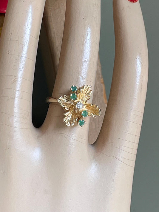 1980's 14K Vintage Textured Flower Emerald and Diamond Ring
