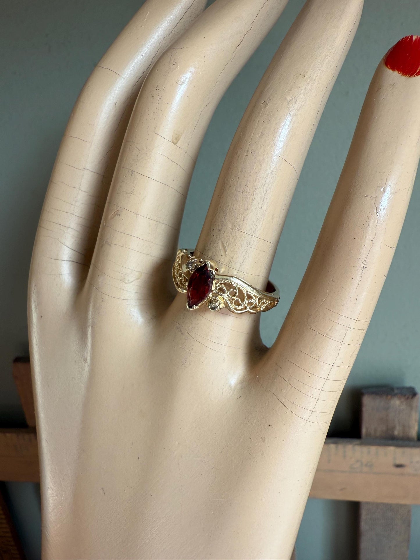 14K Beverly Hills Yellow Gold Marquis Garnet and Diamond Ring