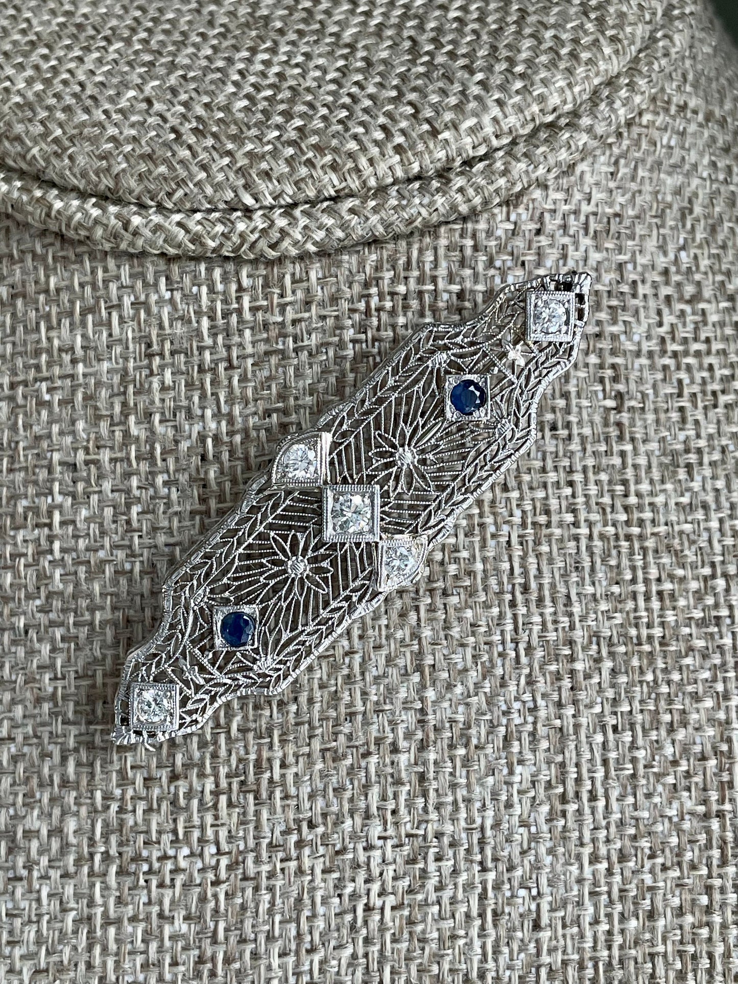 1930-1940 14K White Gold Filigree Diamond and Sapphire Brooch