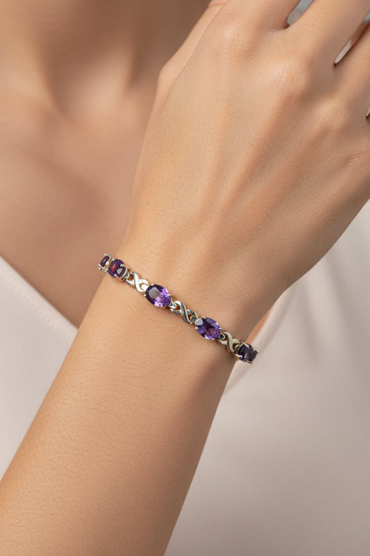 Vintage Solid 14K Yellow Gold Oval Cut Amethyst Gemstone Line Bracelet 11CTS