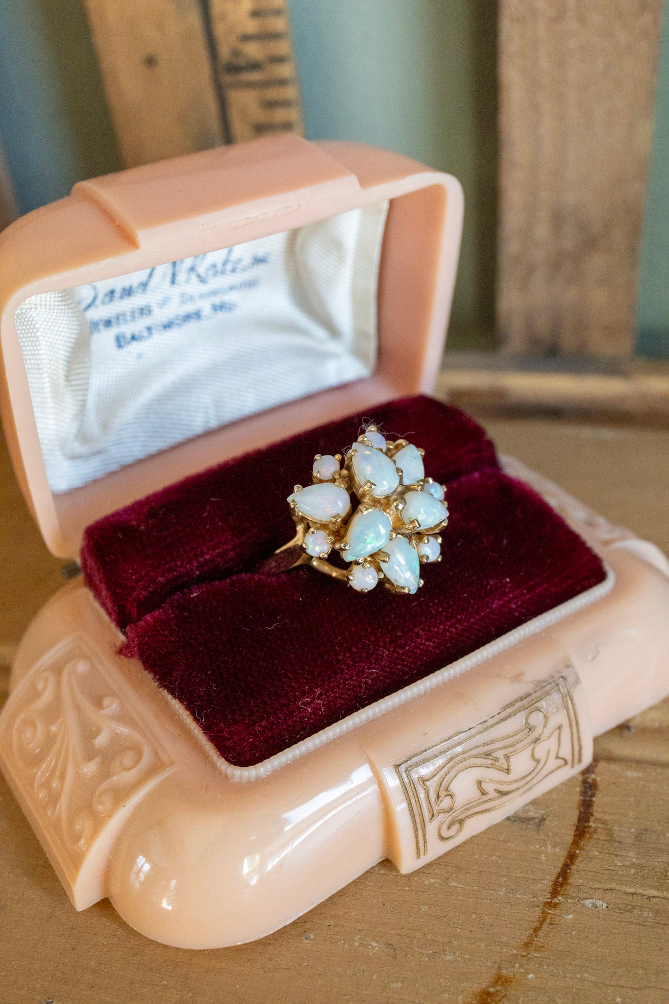 c1970 Vintage 14K Yellow Gold Round and Pear Shaped Opal Statement Ring