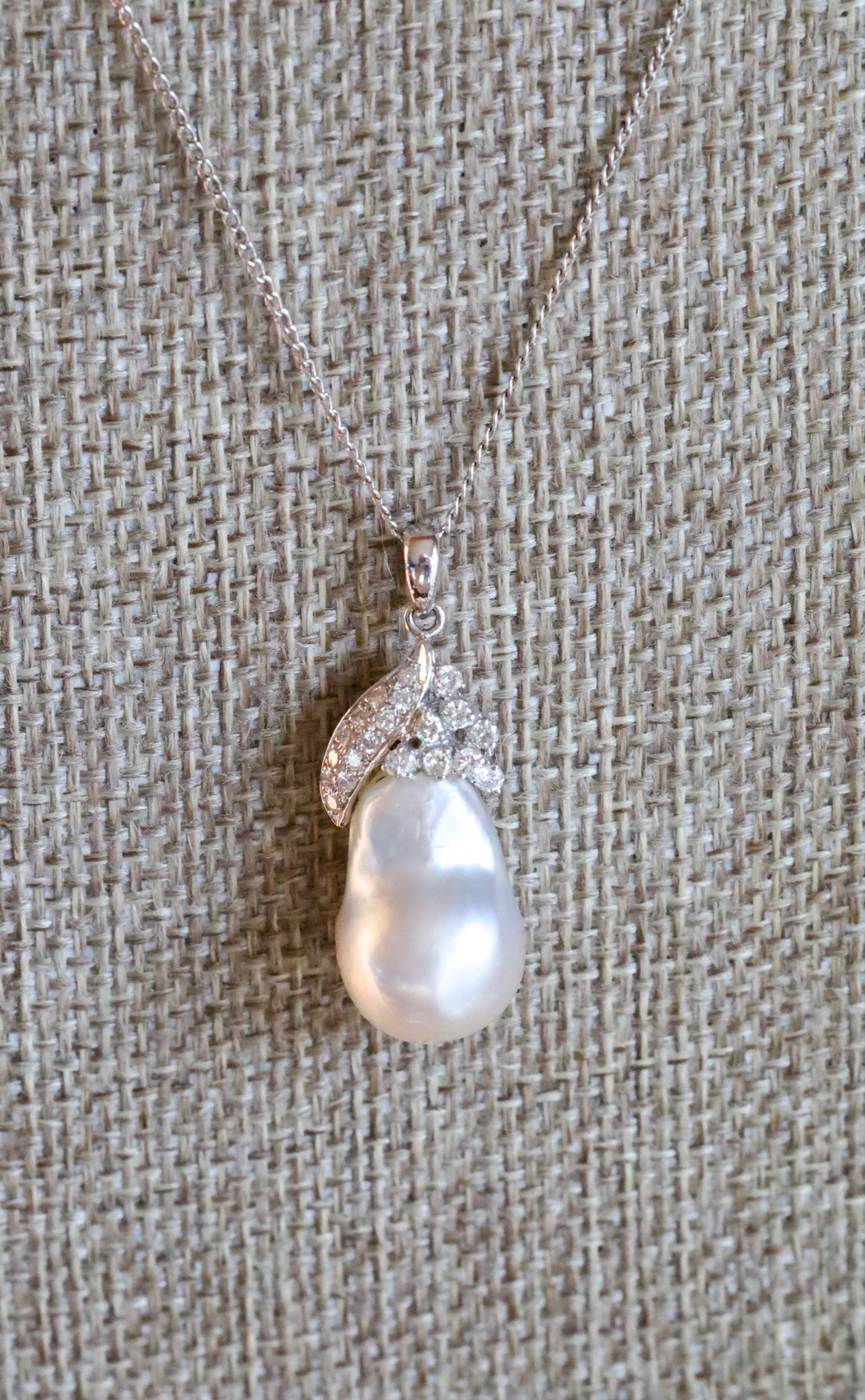 A Vintage 18K White Gold South Sea Pearl and Diamond Pendant