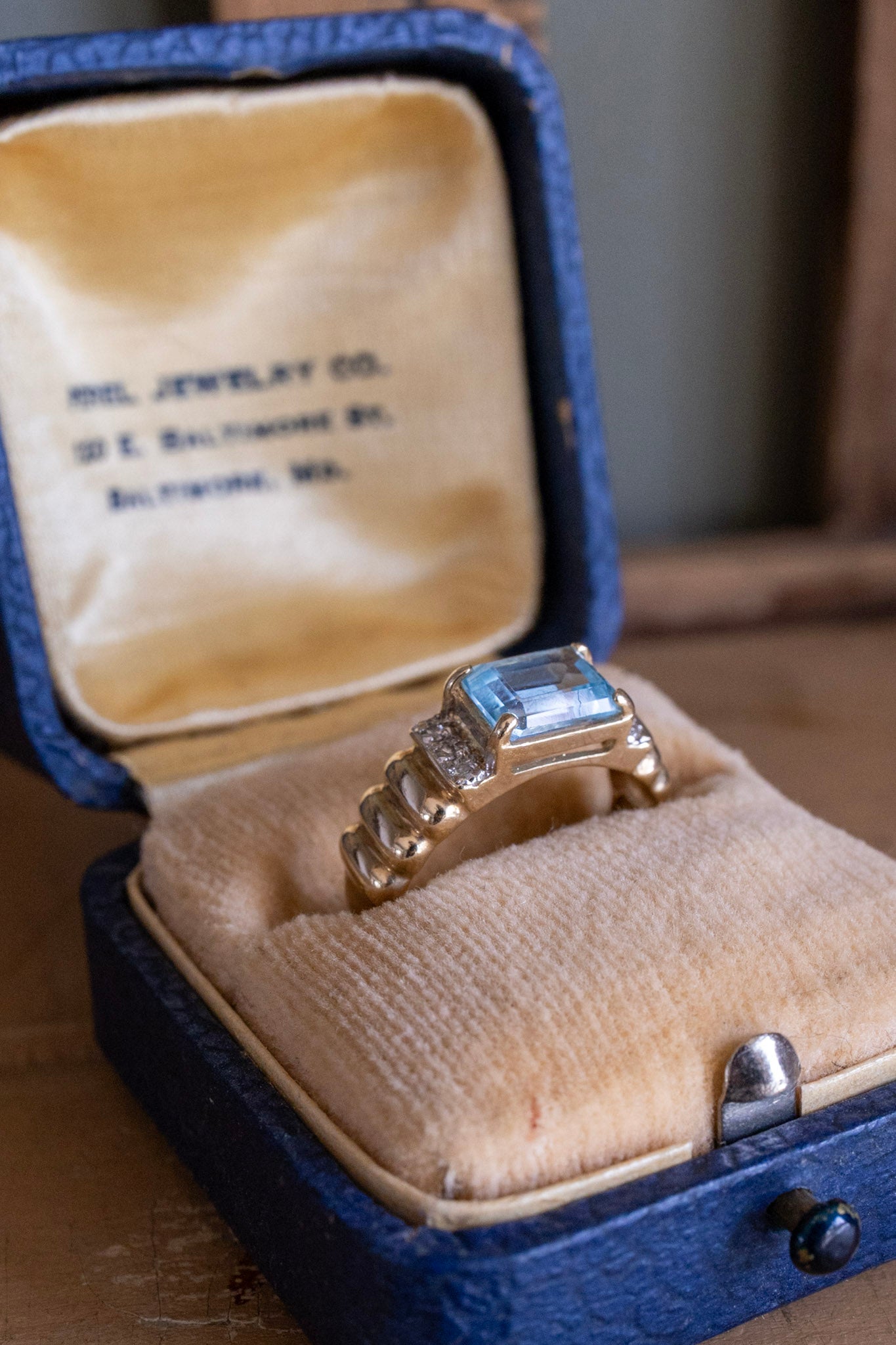 Vintage 14K Yellow Gold Emerald Cut Blue Topaz and Diamond Ring
