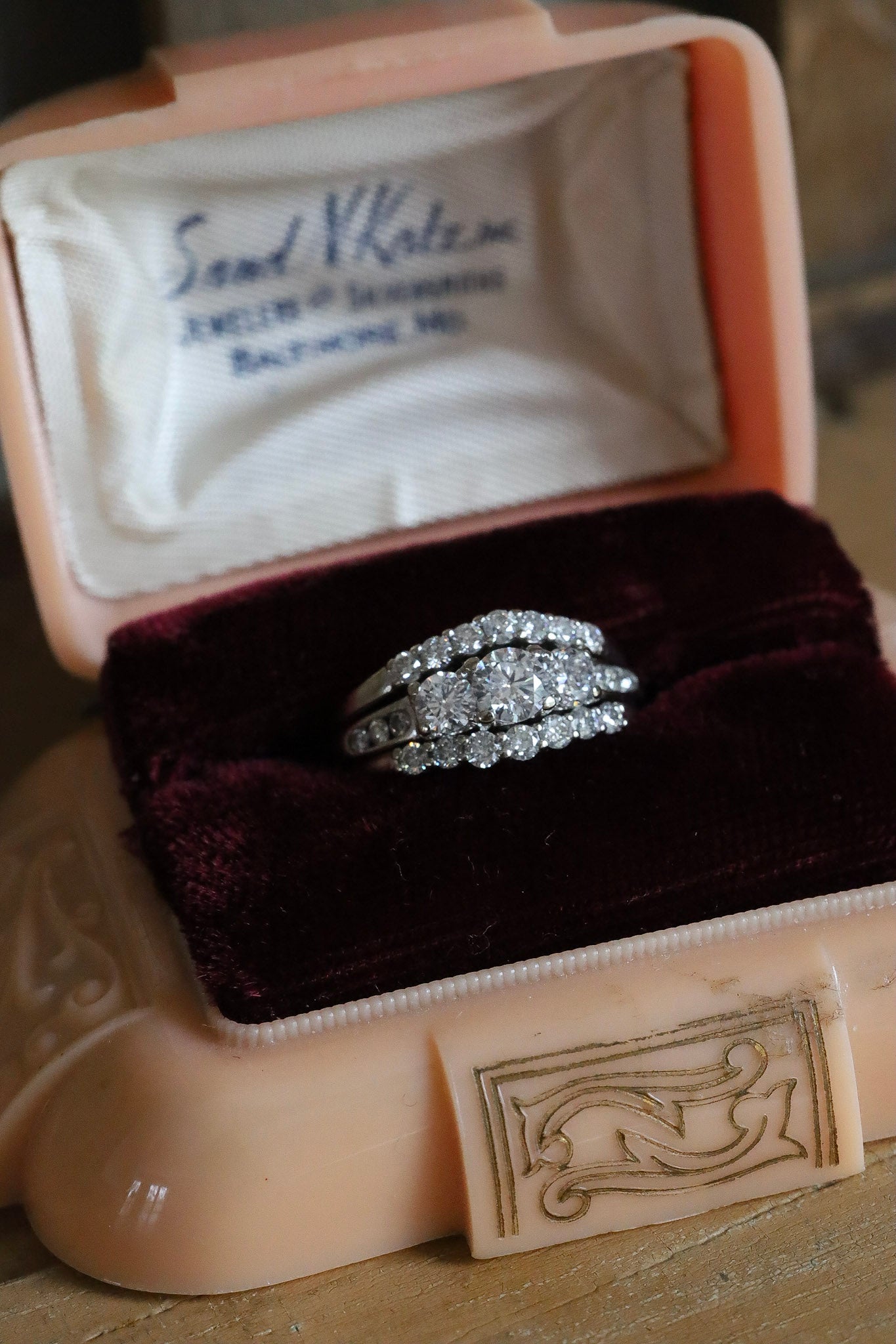 A 14K White Gold Past, Present, Future Natural Diamond Ring with Two Diamond Bands