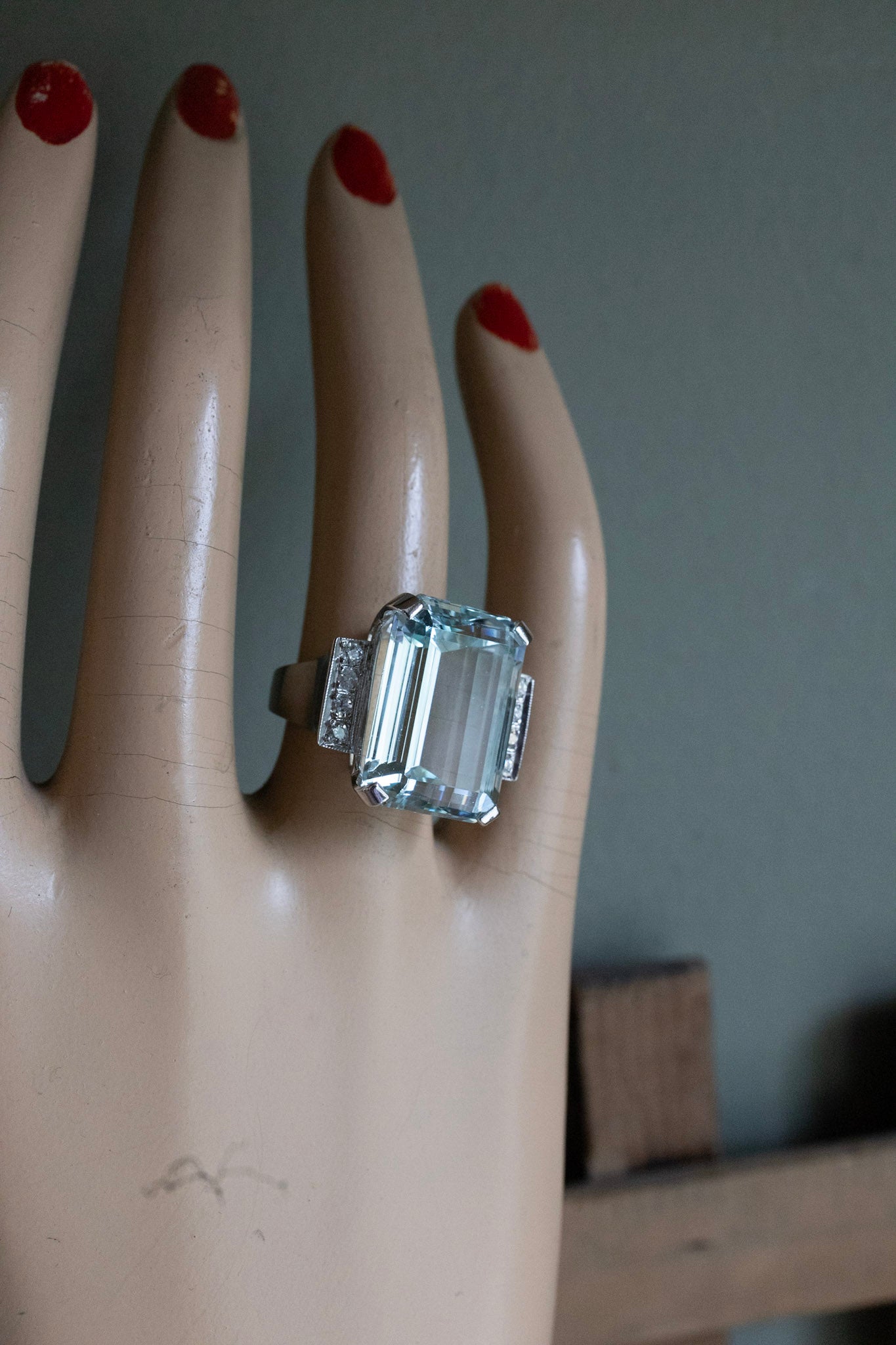 Mid Century Bold 14K White Gold 23 Ct Emerald Cut Aquamarine and Diamond Cocktail Ring