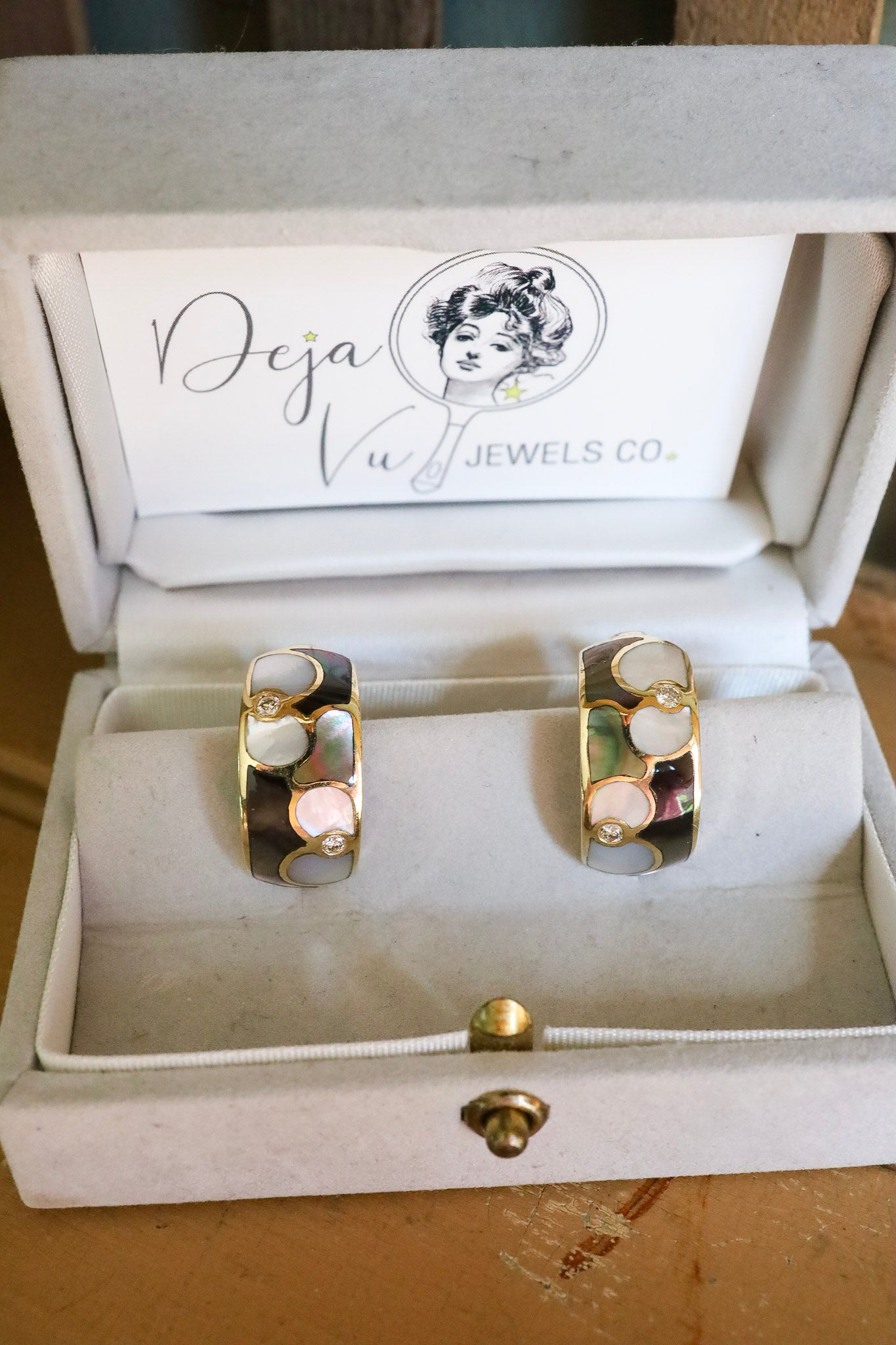 Designer Asch Grossbardt Inlay 18K Yellow Gold Half Hoop Earrings
