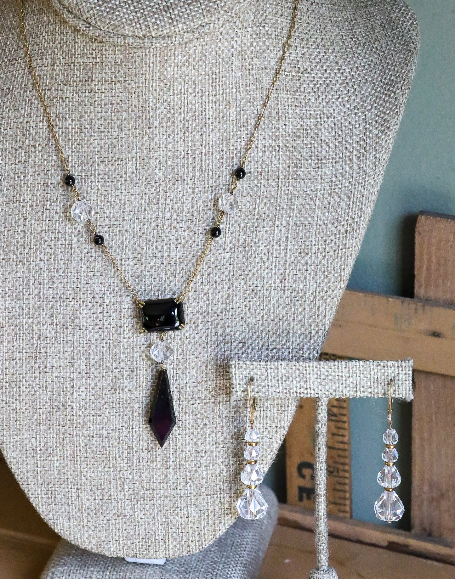 c1940 14K Yellow Gold Onyx and Crystal Necklace and Earrings