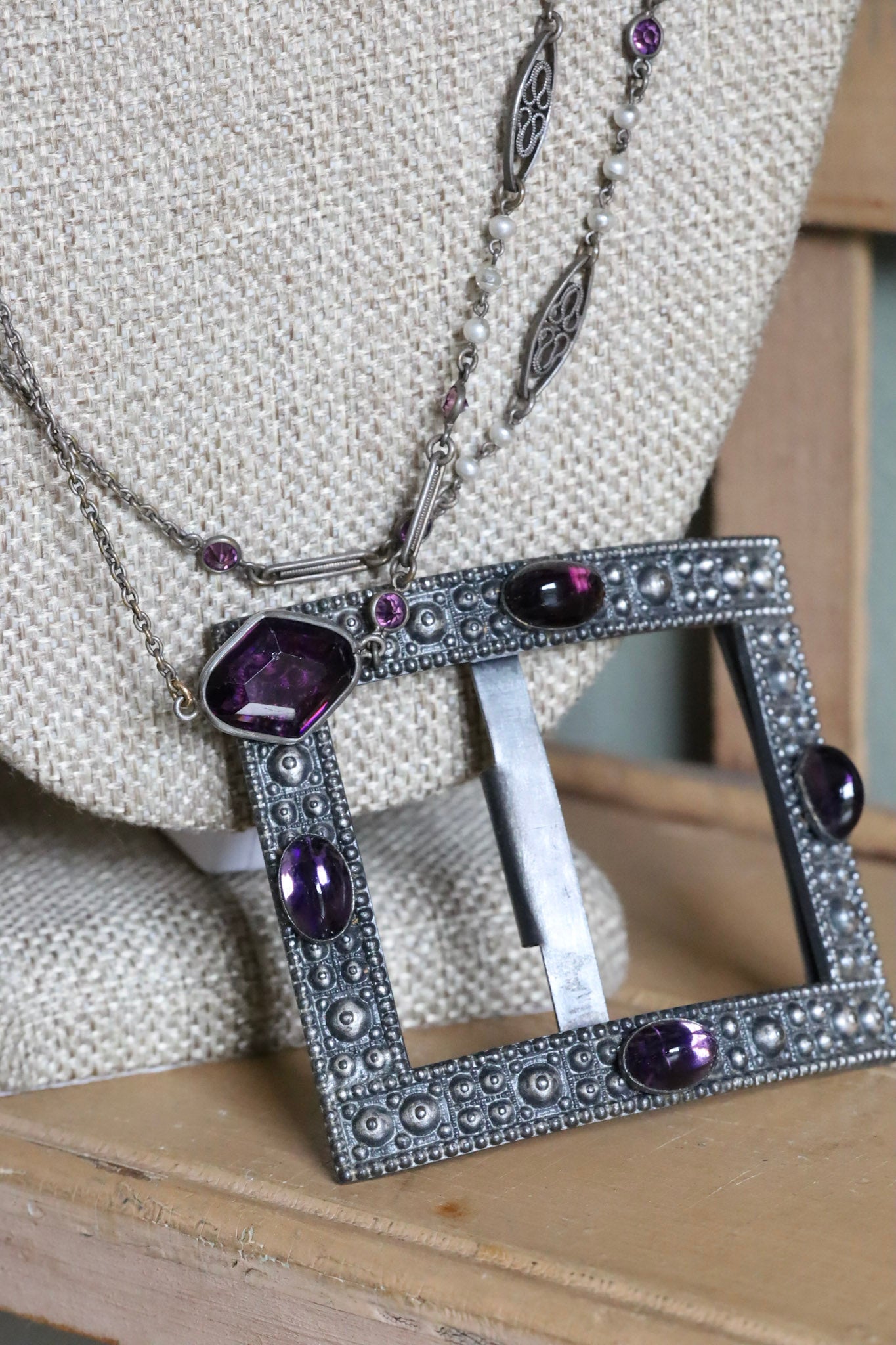 c1900 Antique Long Watch Chain with Glass Amethyst and Pearls
