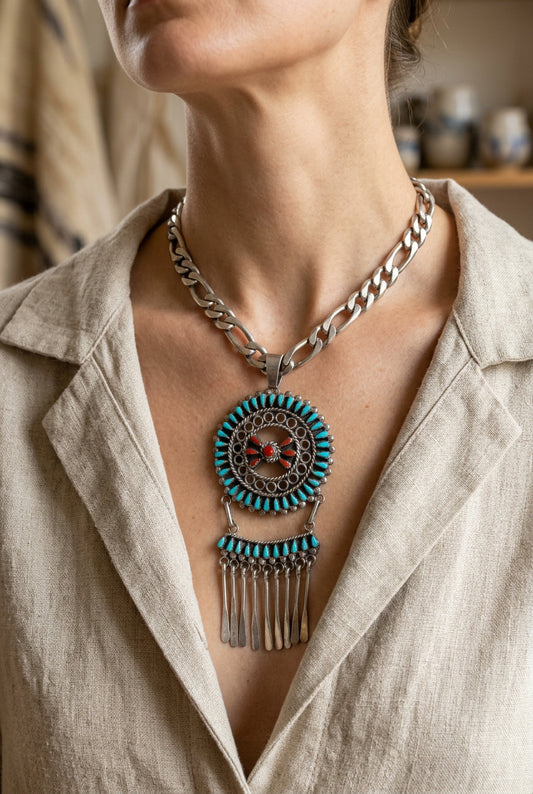 Native American Zuni New Mexico Coral Turquoise Sterling Brooch Pendant