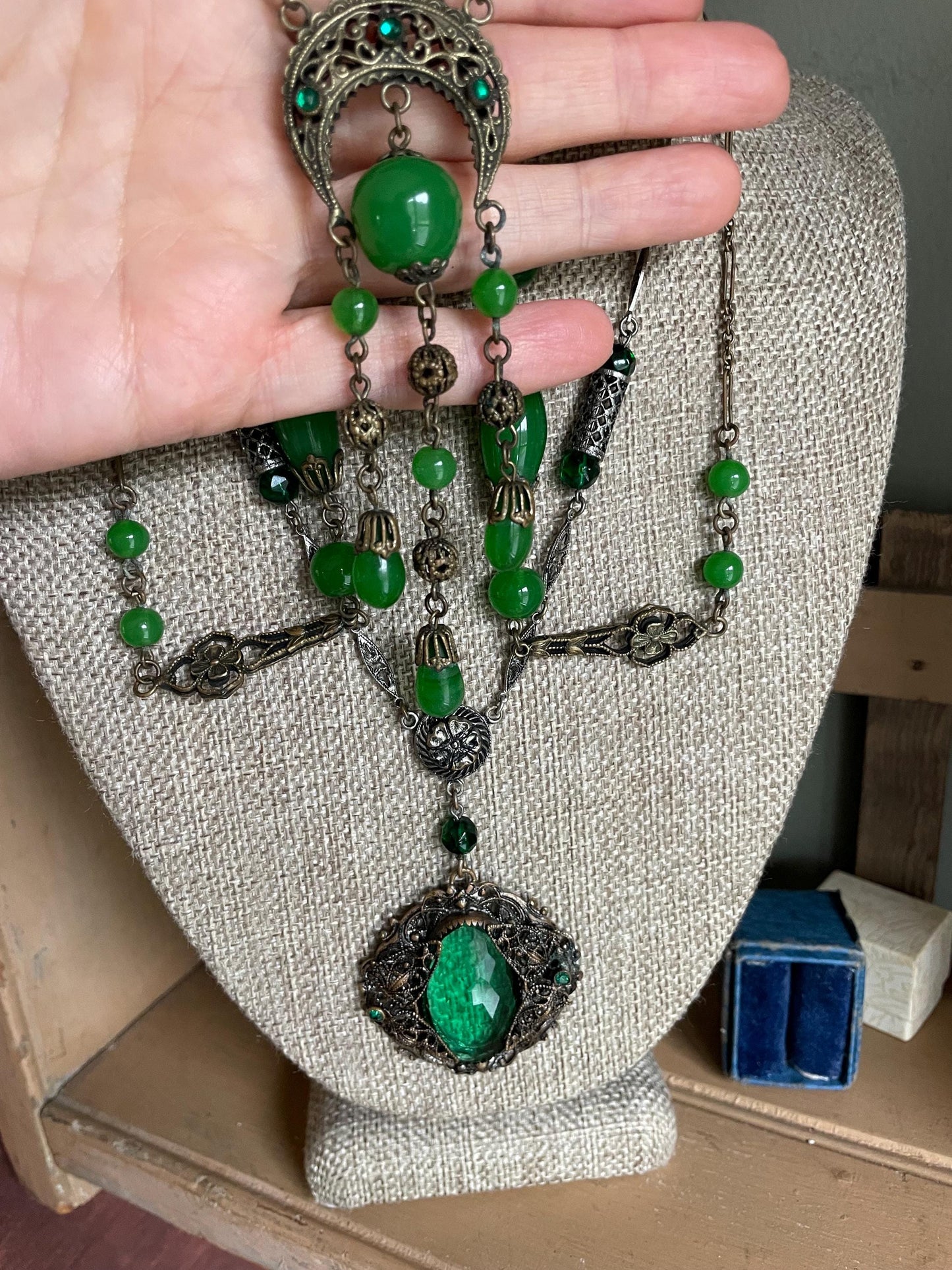 Pick A Turn of the 20th Century Edwardian Czechoslovakian Green Glass Dangle Necklace