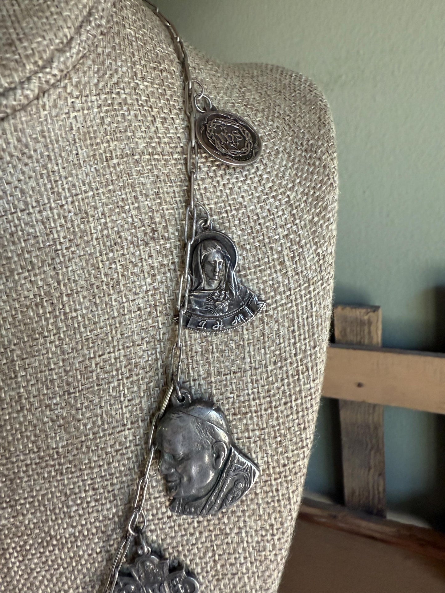 Vintage/Antique Collection of Religious Medallions Charms on Original Chain