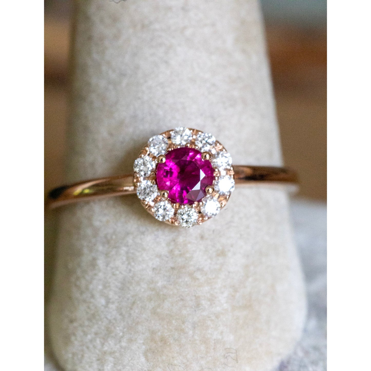 14K Rose Gold Natural Ruby and Diamond Halo Ring