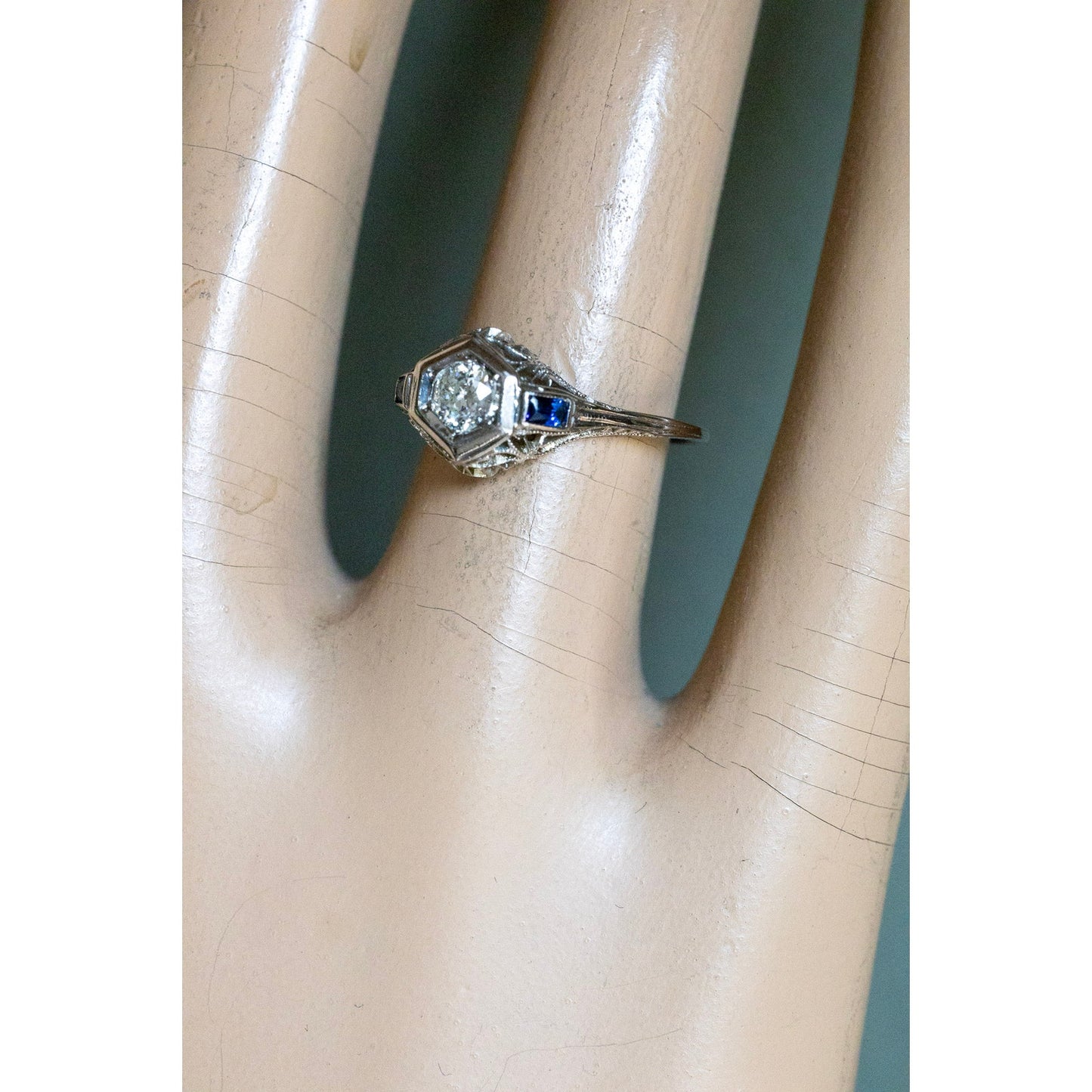 1930-1940's Art Deco 18K White Gold Old European Cut Diamond and Sapphire Filigree Ring