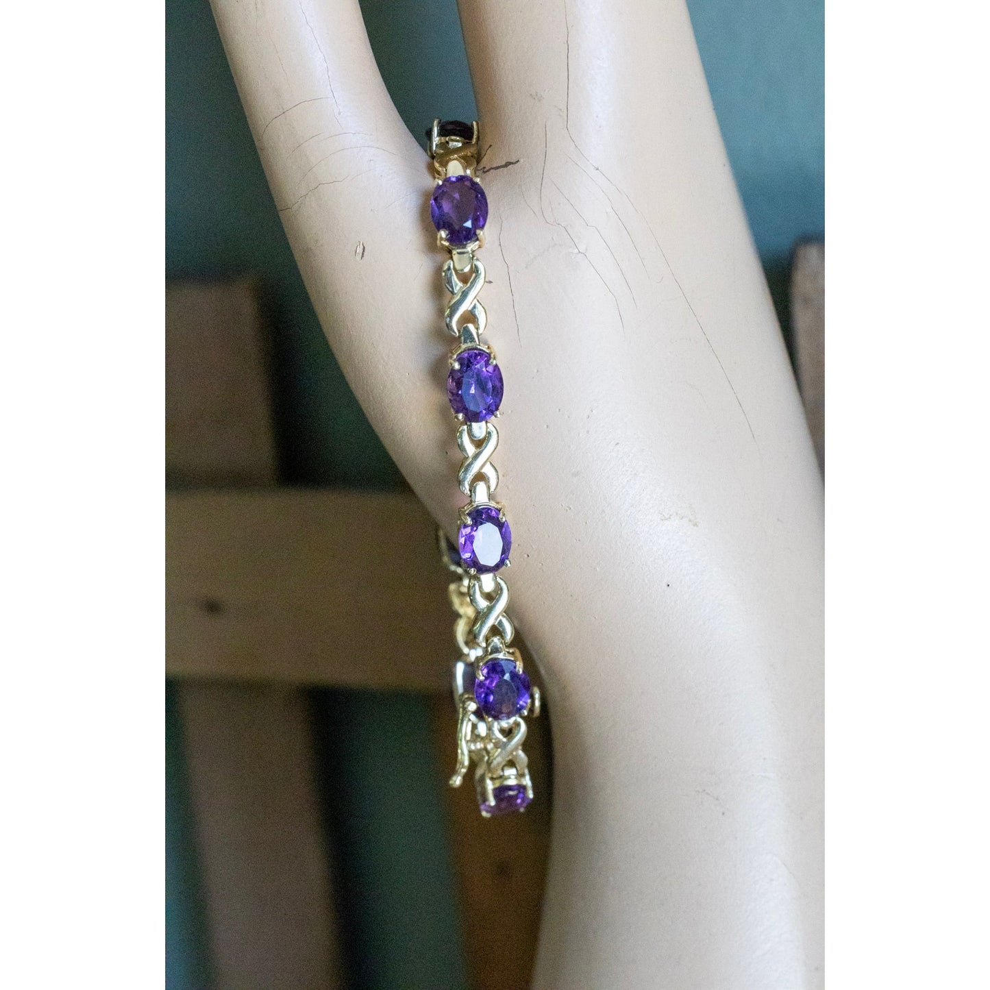 Vintage Solid 14K Yellow Gold Oval Cut Amethyst Gemstone Line Bracelet 11CTS