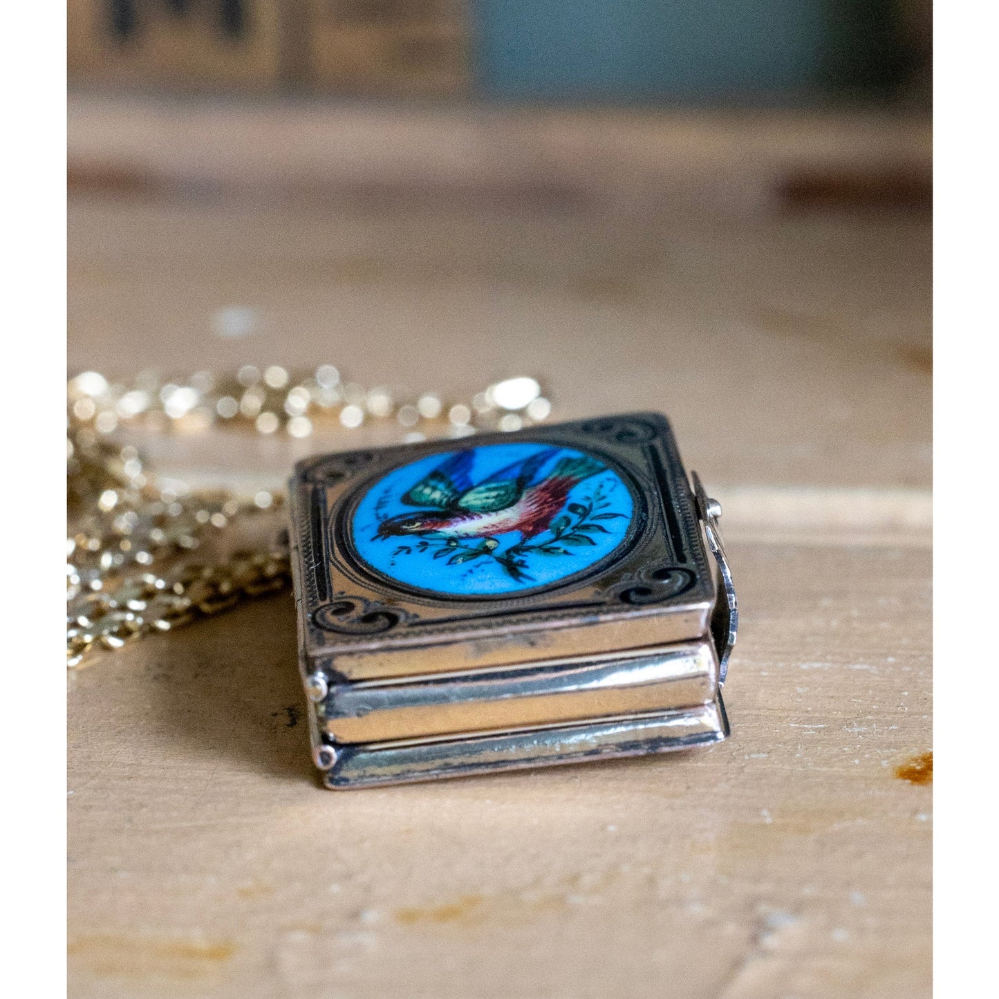 Rare Antique Hand Enameled Bird Book Locket Dating to the Victorian Era