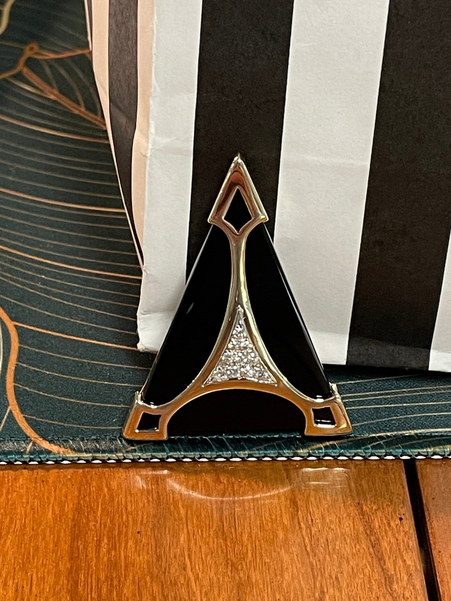 Fine 1980's 14K Gold Brooch with Onyx and Pave Set Diamonds