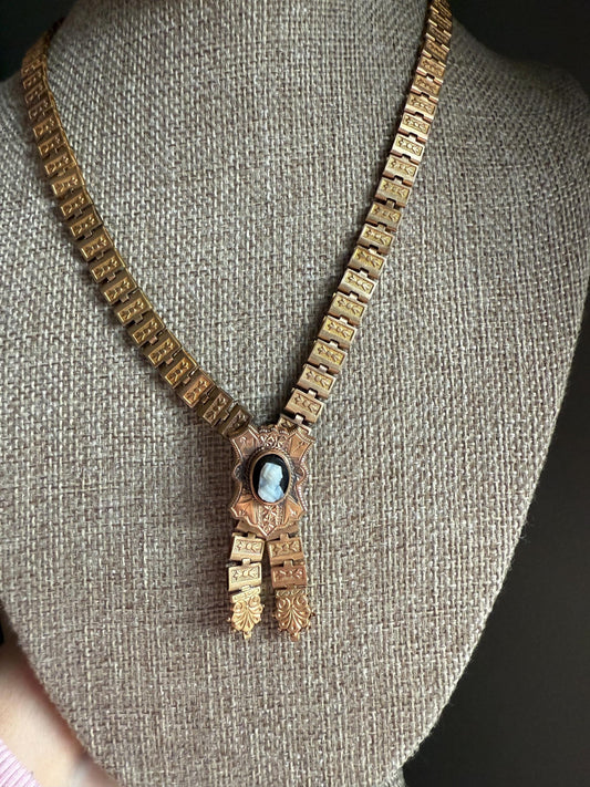 Victorian 1880's Gold Filled Book Chain Cameo Necklace
