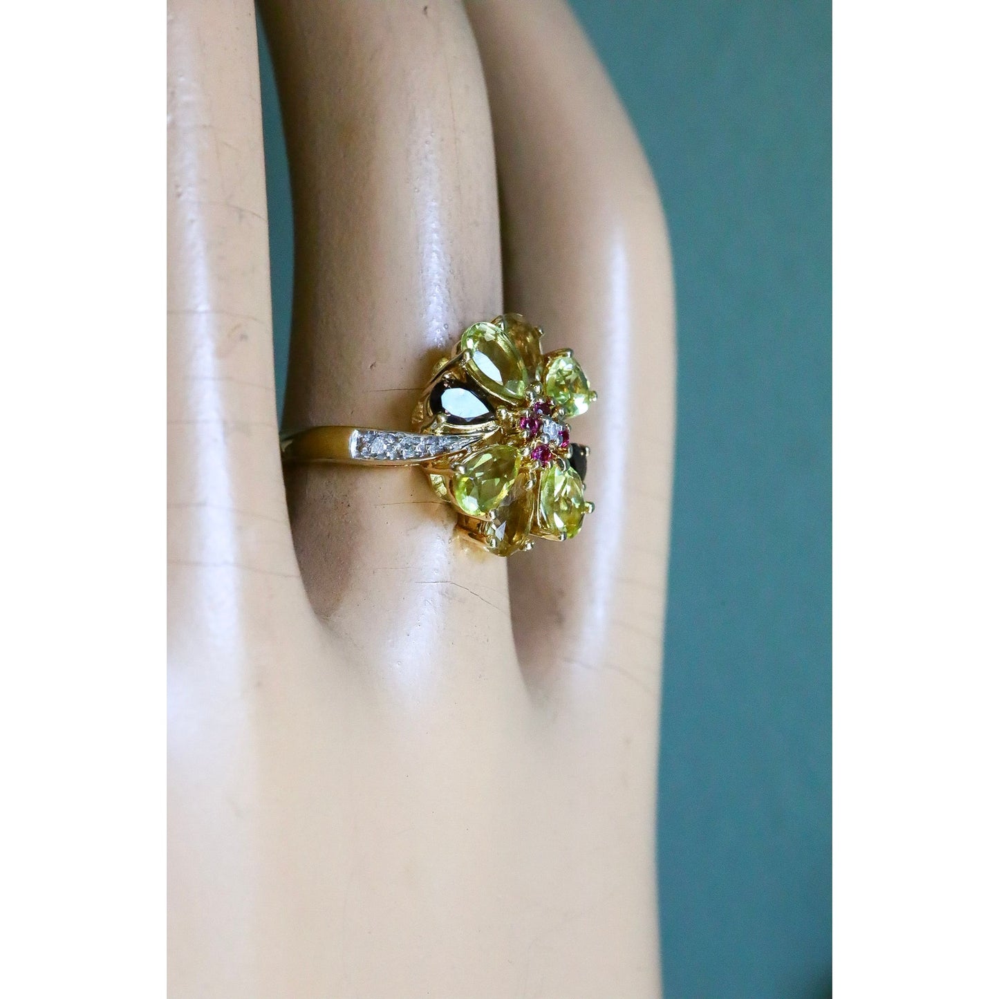 Unique Vintage Multi-Hue Citrine, Ruby and Diamond 10K Yellow Gold Ring