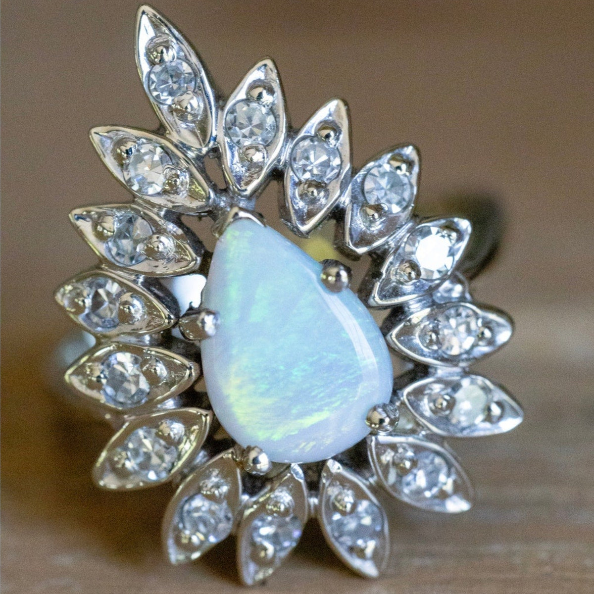1960'S 14K White Gold Bold Opal and Diamond Cocktail Ring