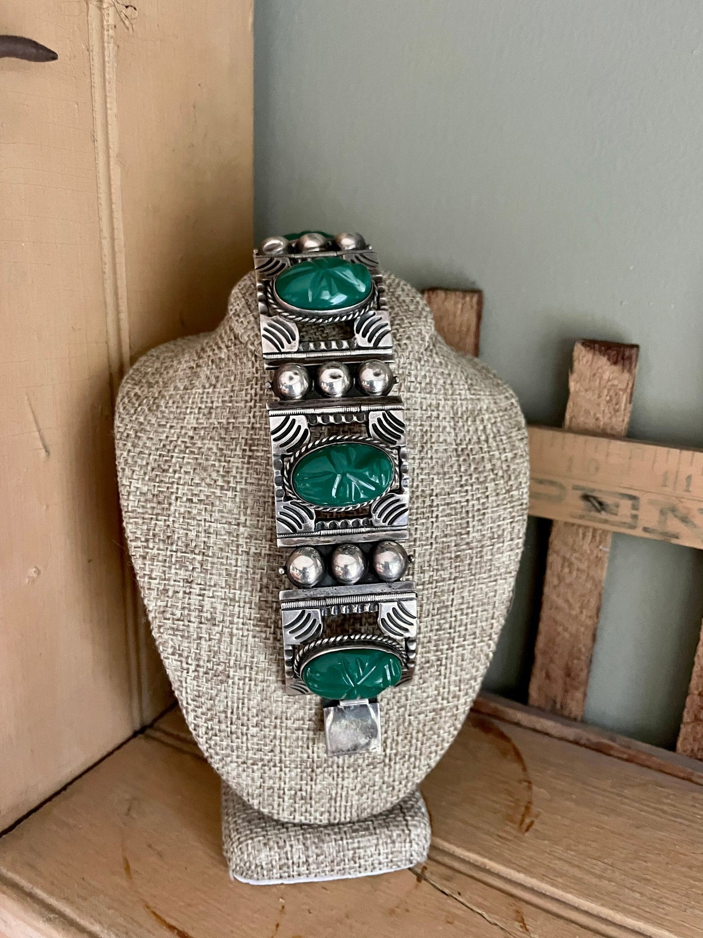 Sterling Silver Mexican Green Onyx Bold Wide Bracelet