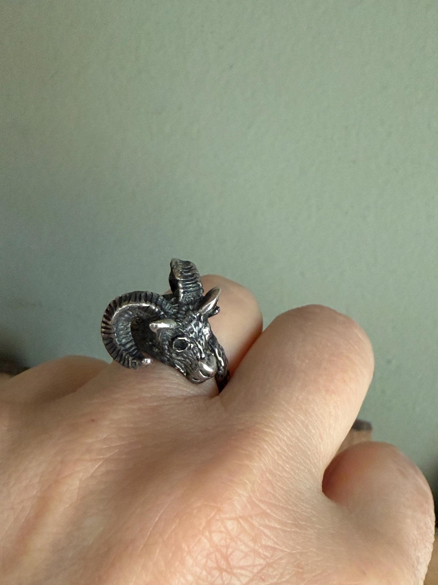 Vintage Solid Sterling Silver Ram Ring with Blue Eyes 1960-1970