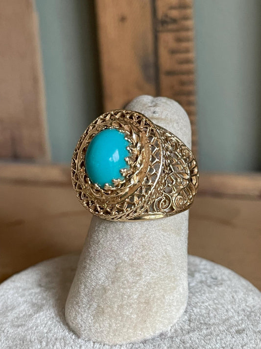 14K Yellow Gold Large Filigree Imitation Turquoise Ring