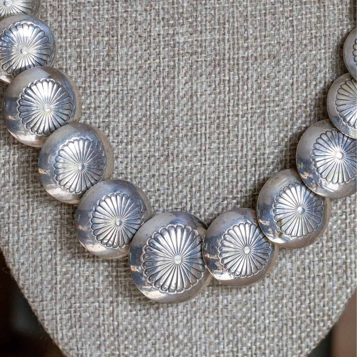 Vintage Sterling Silver Navajo Pillow Bead Concha Stamped Strand