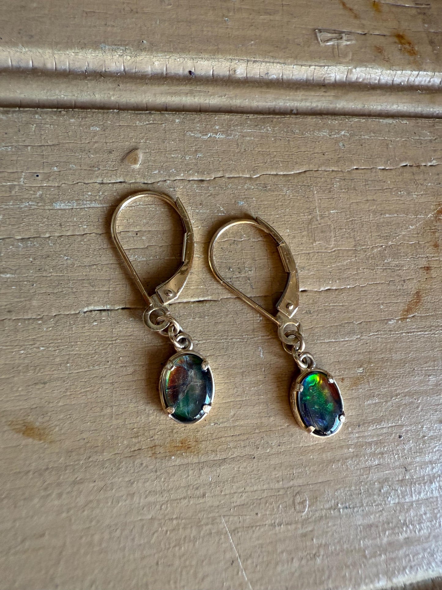 Vintage 14K Yellow Gold Dangle Earrings Featuring Ammolite Fossil